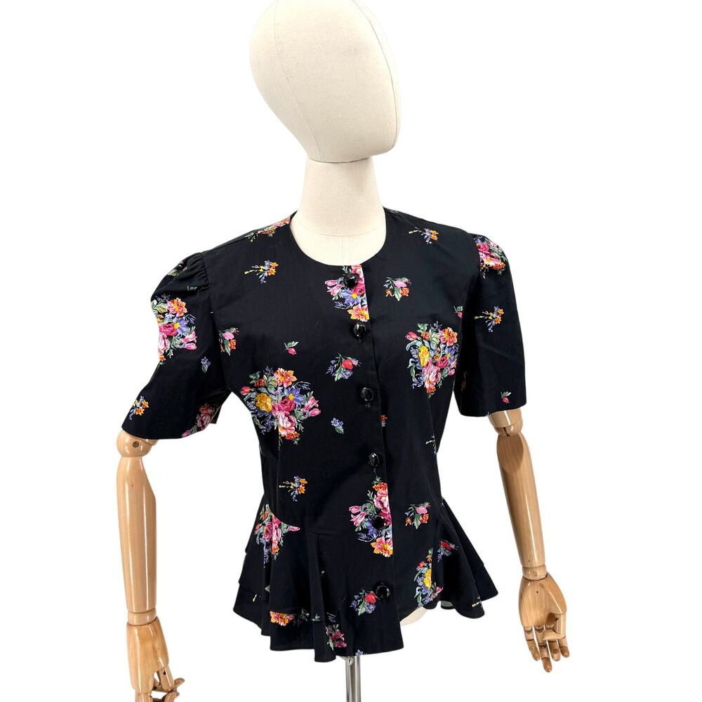 Vintage 80s Lady Carol Black 100% Cotton Floral Peplum Puff Sleeve Jacket